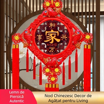 Pandantiv chinezesc cu nod mare din lemn de piersic, cu semn de binecuvântare – decor de perete pentru sufragerie și hol