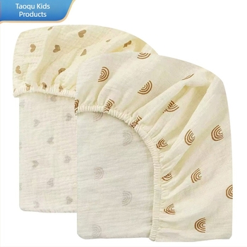 Set de lenjerie pentru copii din bumbac 100% tip A: cearșaf cu elastic, husă de pat și cearșaf, din tifon dublu-strat cu imprimeu desen animat; pentru toate anotimpurile