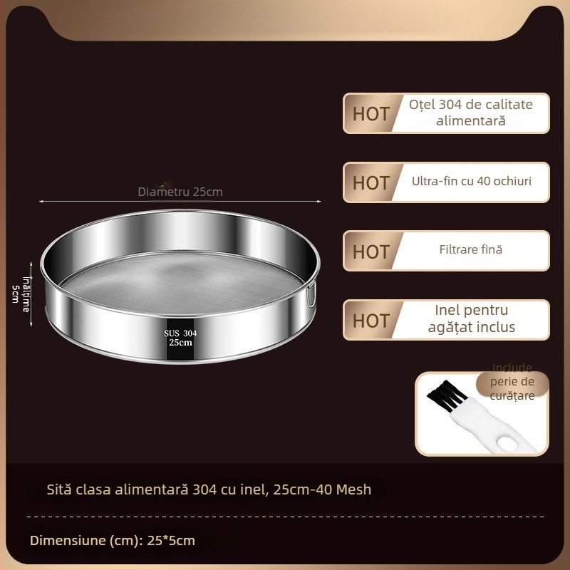 Sită din oțel inoxidabil pentru făină, cu plasă fină, sită de bucătărie pentru coacere și filtrare.