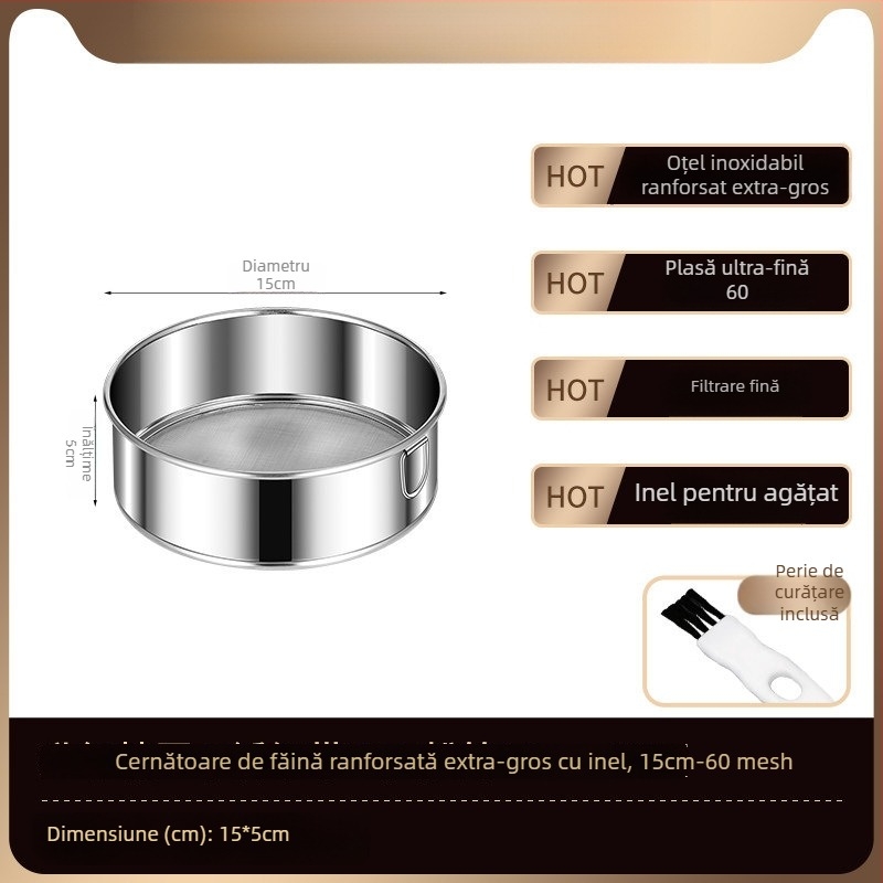 Sită din oțel inoxidabil pentru făină, cu plasă fină, sită de bucătărie pentru coacere și filtrare.