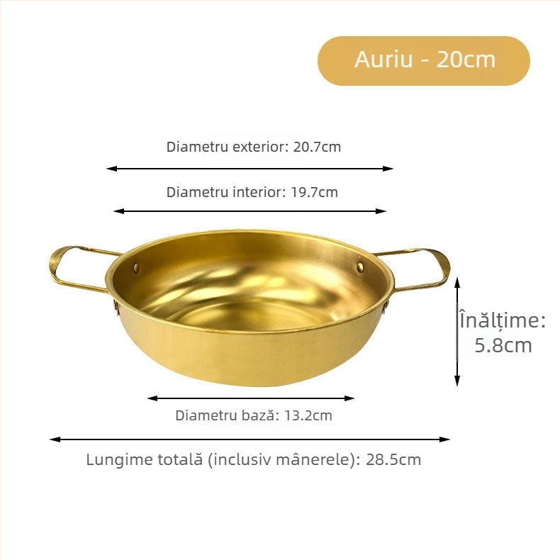 Oală pentru tăiței instant Koreene, oțel inoxidabil, auriu, cu două mânere, fund plat, oală mică pentru gătit în casă