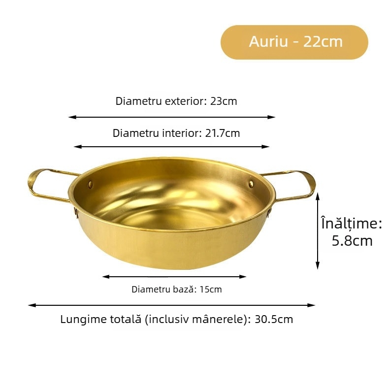 Oală pentru tăiței instant Koreene, oțel inoxidabil, auriu, cu două mânere, fund plat, oală mică pentru gătit în casă