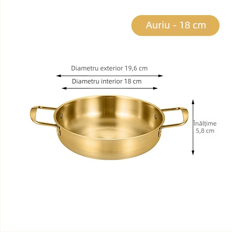 Oală pentru tăiței instant Koreene, oțel inoxidabil, auriu, cu două mânere, fund plat, oală mică pentru gătit în casă