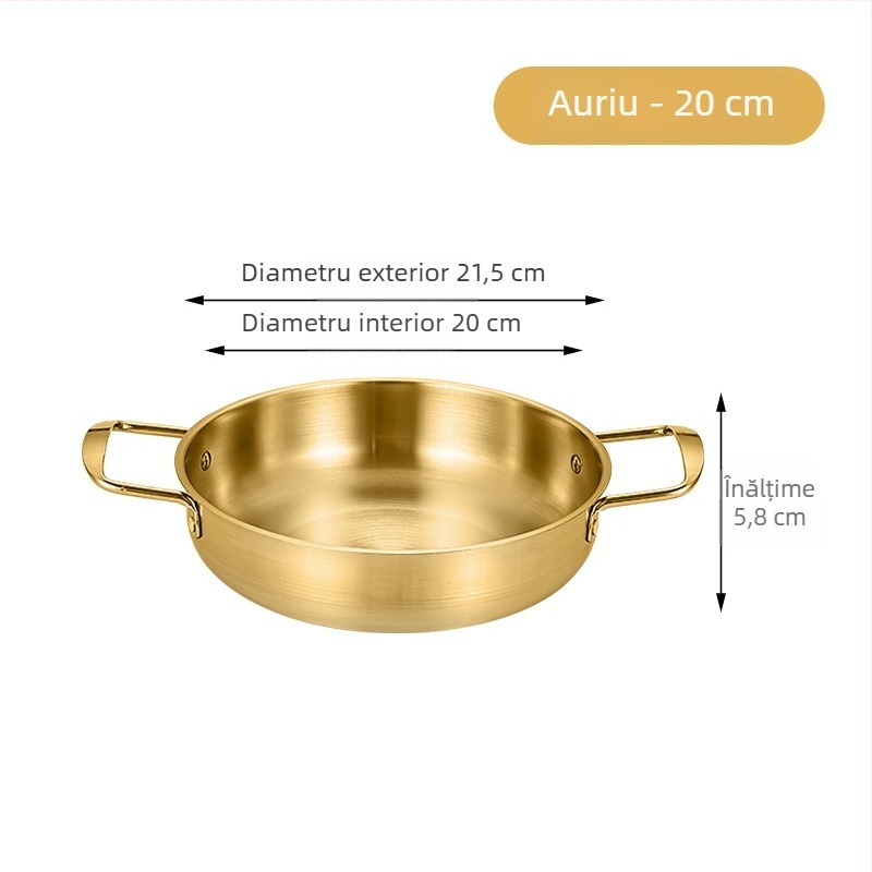 Oală pentru tăiței instant Koreene, oțel inoxidabil, auriu, cu două mânere, fund plat, oală mică pentru gătit în casă