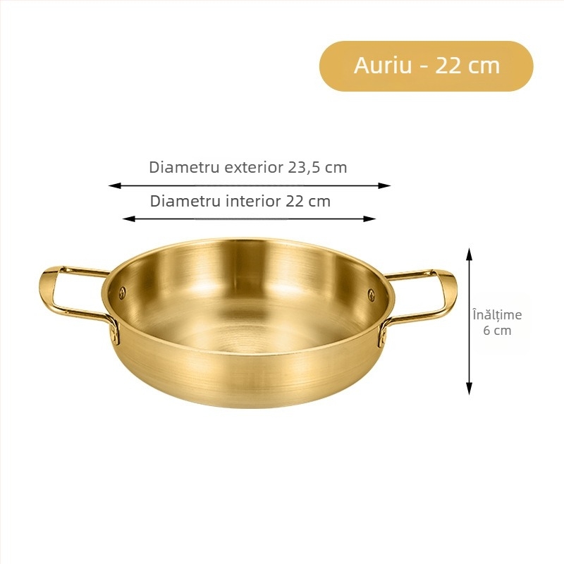 Oală pentru tăiței instant Koreene, oțel inoxidabil, auriu, cu două mânere, fund plat, oală mică pentru gătit în casă
