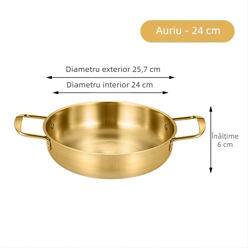 Oală pentru tăiței instant Koreene, oțel inoxidabil, auriu, cu două mânere, fund plat, oală mică pentru gătit în casă