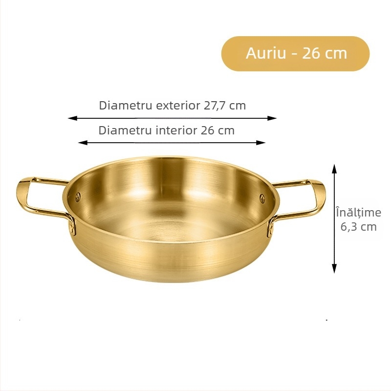 Oală pentru tăiței instant Koreene, oțel inoxidabil, auriu, cu două mânere, fund plat, oală mică pentru gătit în casă