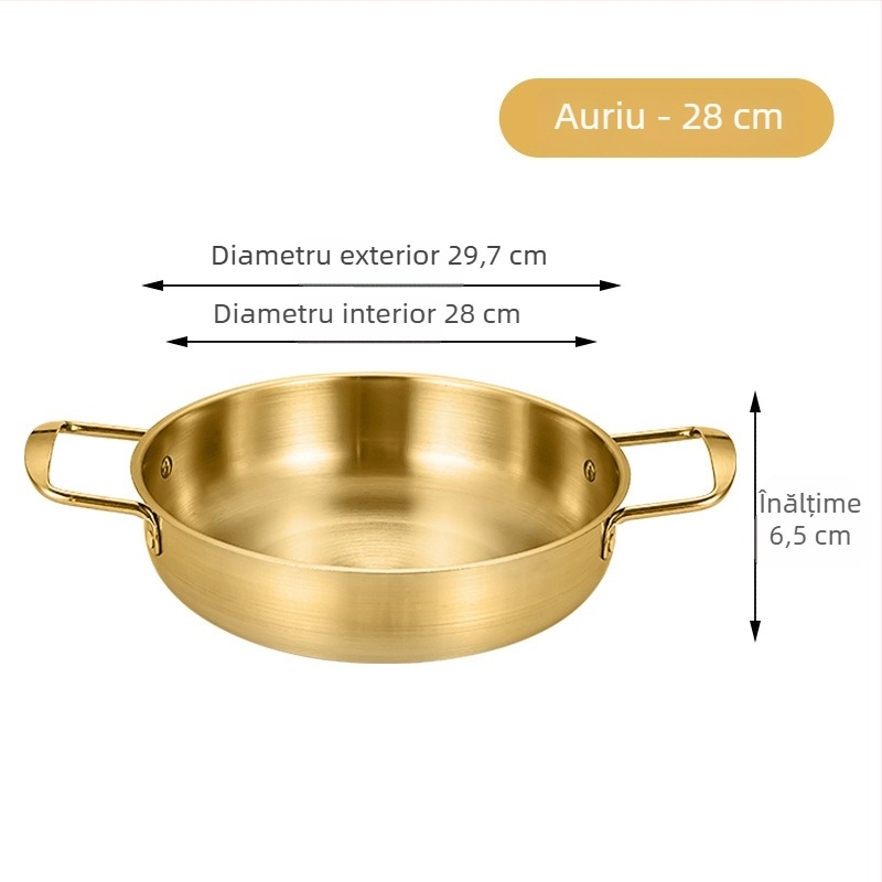 Oală pentru tăiței instant Koreene, oțel inoxidabil, auriu, cu două mânere, fund plat, oală mică pentru gătit în casă
