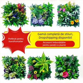 Perete decorativ din plante artificiale cu eucalipt și iarbă artificială