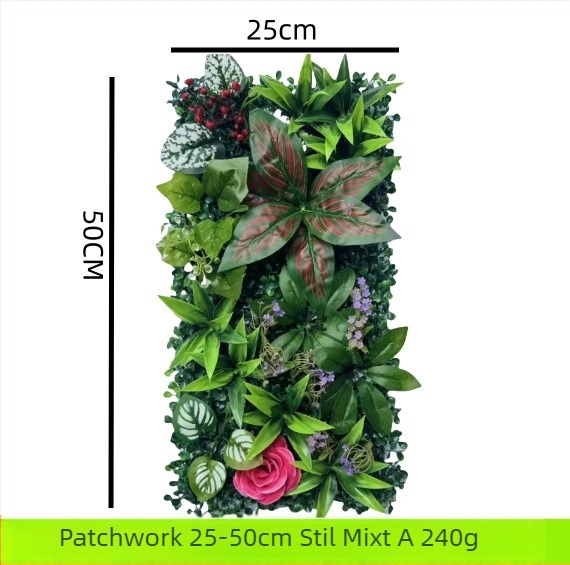 Perete decorativ din plante artificiale cu eucalipt și iarbă artificială