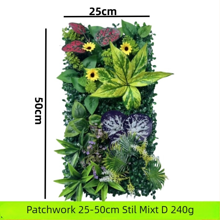 Perete decorativ din plante artificiale cu eucalipt și iarbă artificială