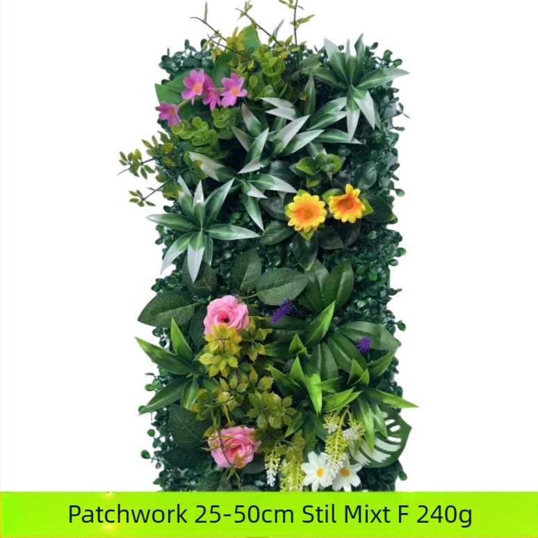 Perete decorativ din plante artificiale cu eucalipt și iarbă artificială