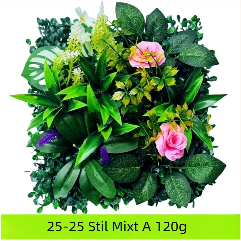 Perete decorativ din plante artificiale cu eucalipt și iarbă artificială