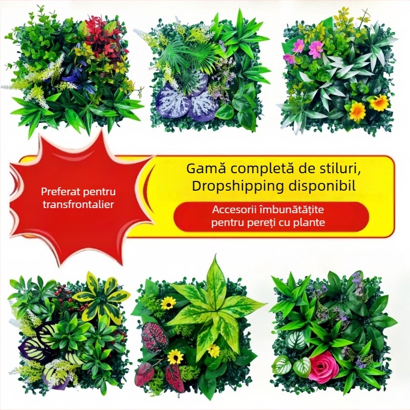 Perete decorativ din plante artificiale cu eucalipt și iarbă artificială