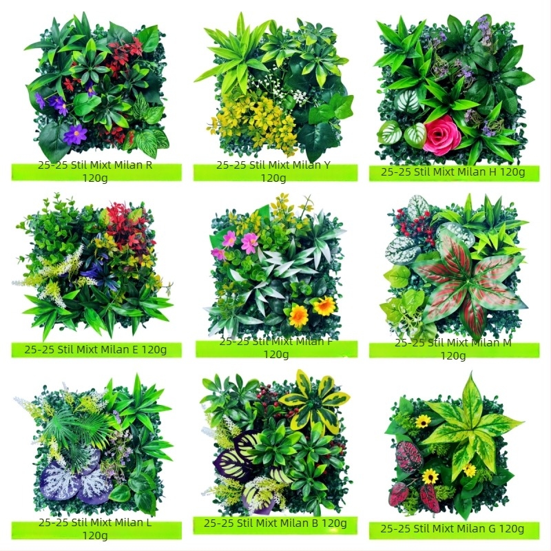Perete decorativ din plante artificiale cu eucalipt și iarbă artificială