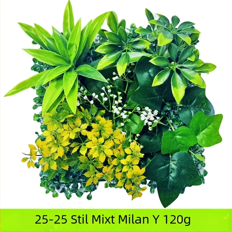Perete decorativ din plante artificiale cu eucalipt și iarbă artificială