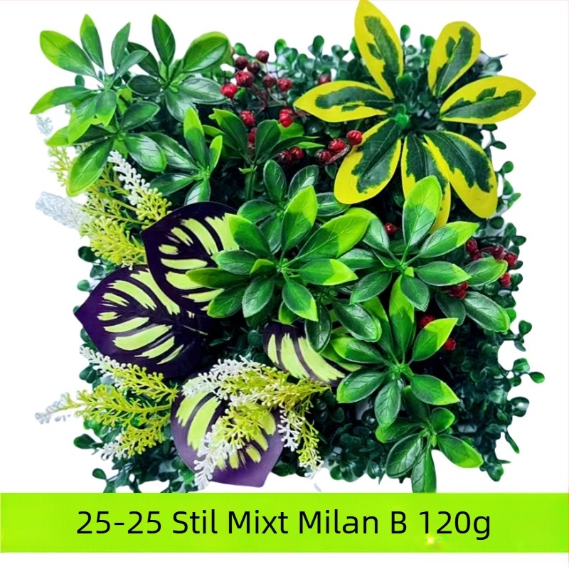 Perete decorativ din plante artificiale cu eucalipt și iarbă artificială