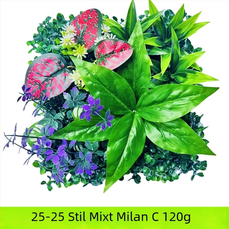 Perete decorativ din plante artificiale cu eucalipt și iarbă artificială