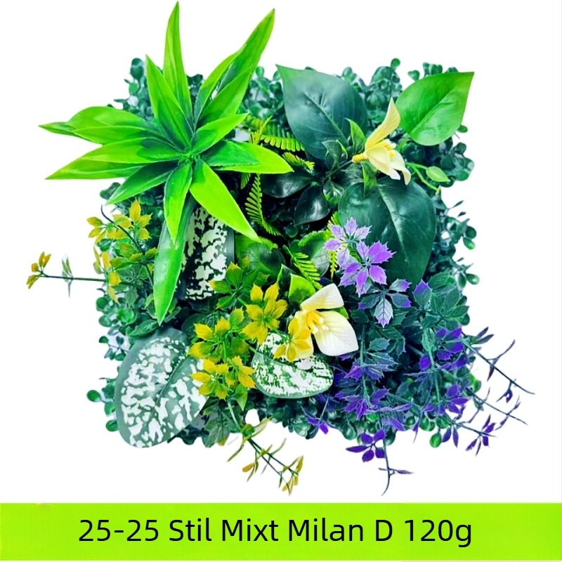 Perete decorativ din plante artificiale cu eucalipt și iarbă artificială