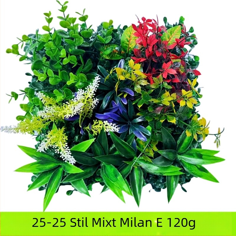 Perete decorativ din plante artificiale cu eucalipt și iarbă artificială
