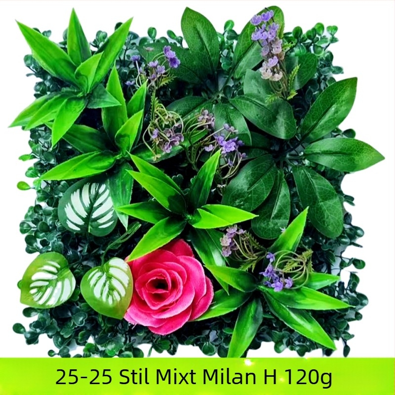 Perete decorativ din plante artificiale cu eucalipt și iarbă artificială