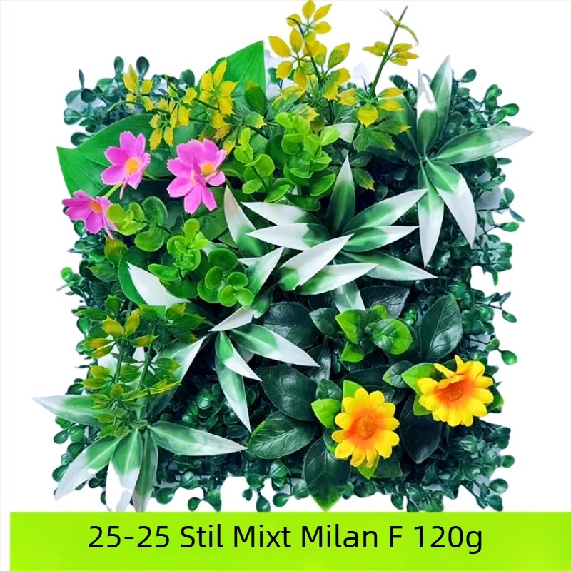 Perete decorativ din plante artificiale cu eucalipt și iarbă artificială