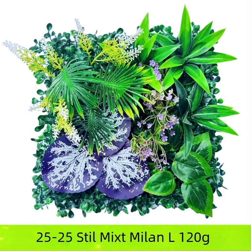 Perete decorativ din plante artificiale cu eucalipt și iarbă artificială