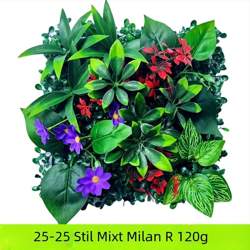 Perete decorativ din plante artificiale cu eucalipt și iarbă artificială