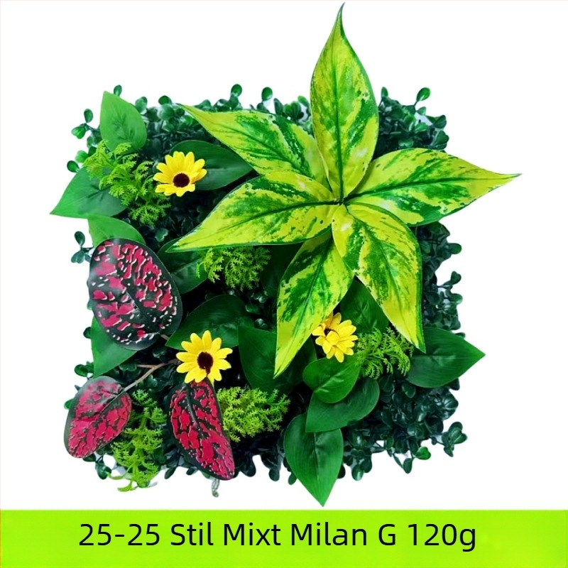 Perete decorativ din plante artificiale cu eucalipt și iarbă artificială