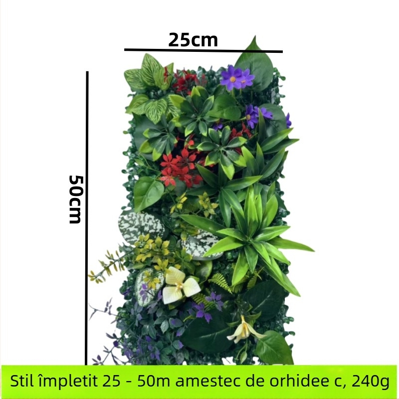 Perete decorativ din plante artificiale cu eucalipt și iarbă artificială