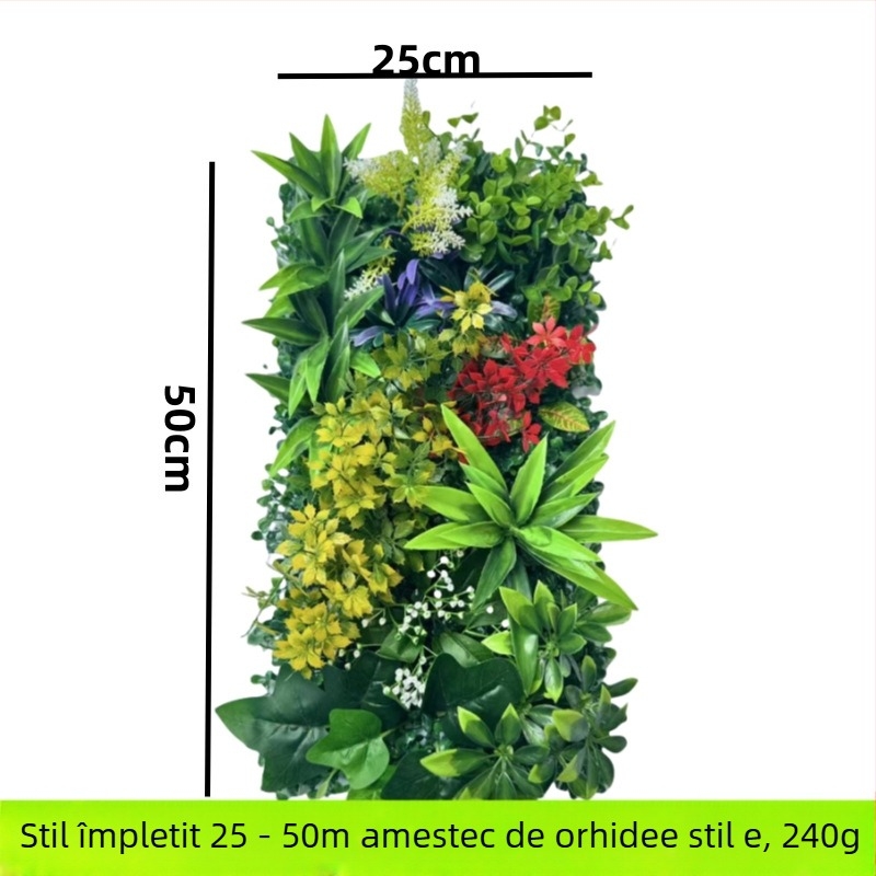 Perete decorativ din plante artificiale cu eucalipt și iarbă artificială