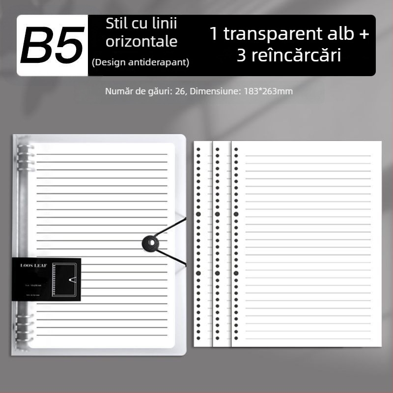 Caiet B5 cu foi detașabile și inserții, caiet A4 cu pagini pătrate, gros pentru școală și birou