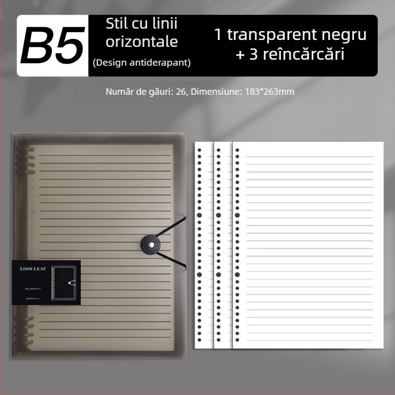 Caiet B5 cu foi detașabile și inserții, caiet A4 cu pagini pătrate, gros pentru școală și birou
