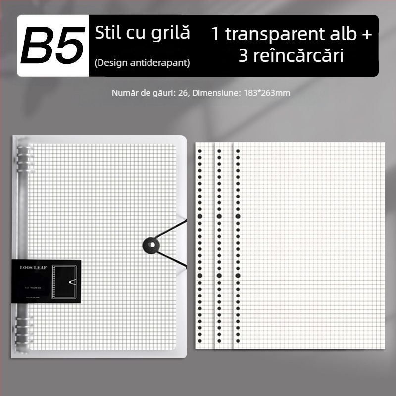 Caiet B5 cu foi detașabile și inserții, caiet A4 cu pagini pătrate, gros pentru școală și birou