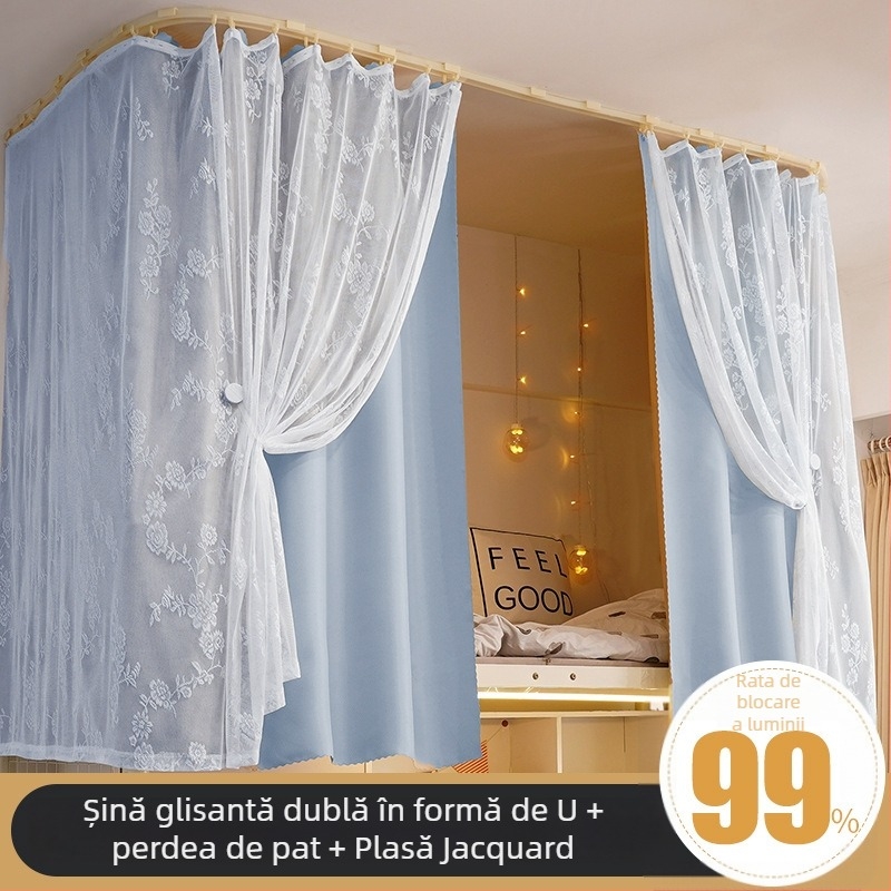 Cortină pentru pat cu șină în formă de U, dantelă franțuzească, opacifiantă, pentru dormitor și cămin