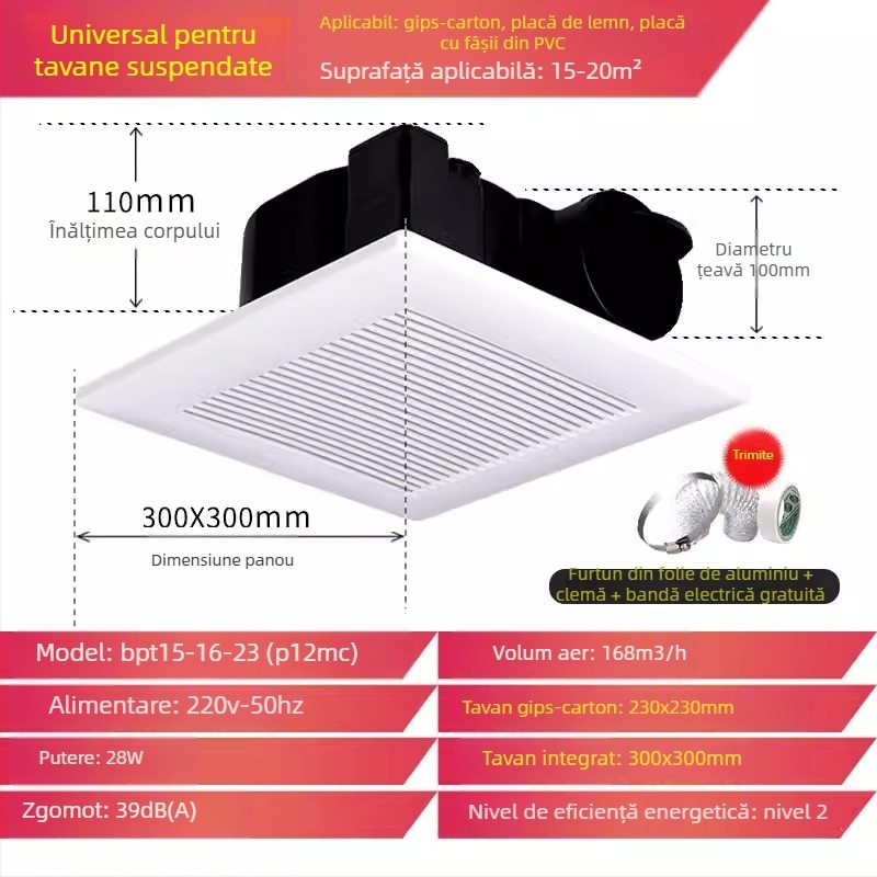Ventilator de tavan Jinling pentru tavane din gips-carton, 30x30 cm, ventilație baie și toaletă cu aspirație