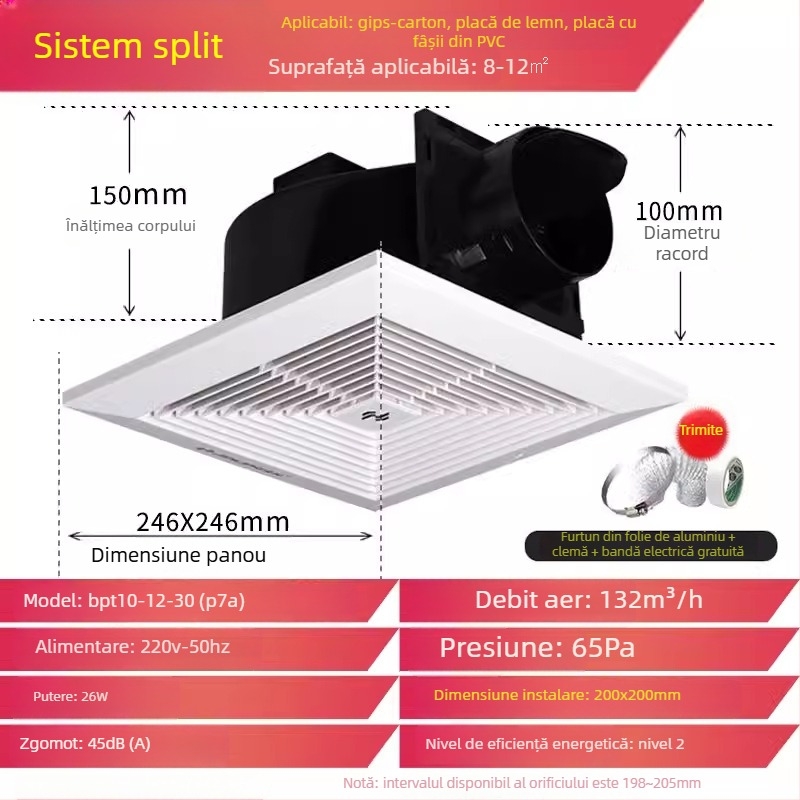 Ventilator de tavan Jinling pentru tavane din gips-carton, 30x30 cm, ventilație baie și toaletă cu aspirație