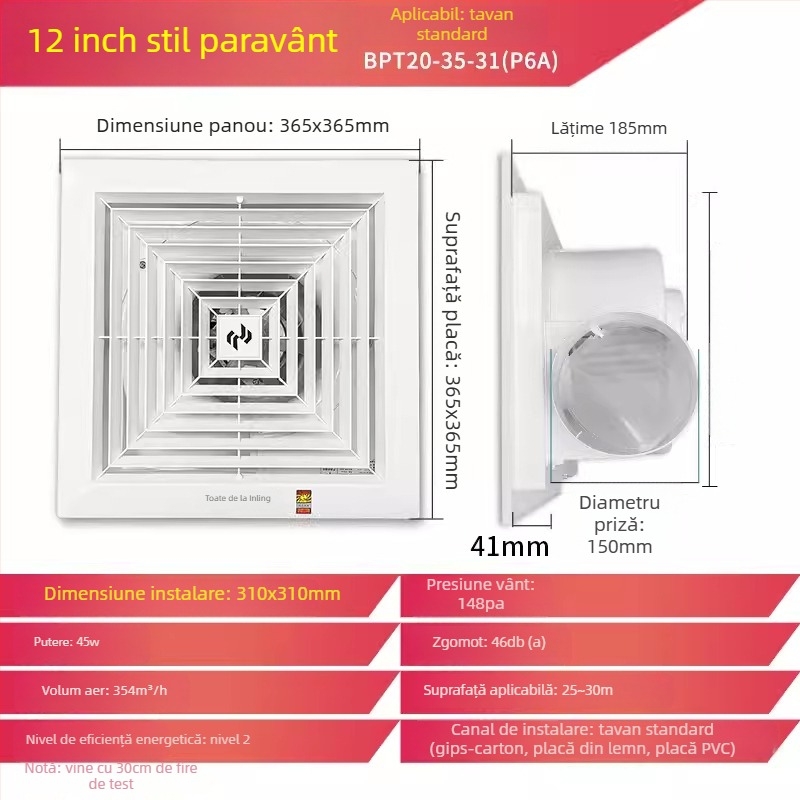 Ventilator de tavan Jinling pentru tavane din gips-carton, 30x30 cm, ventilație baie și toaletă cu aspirație