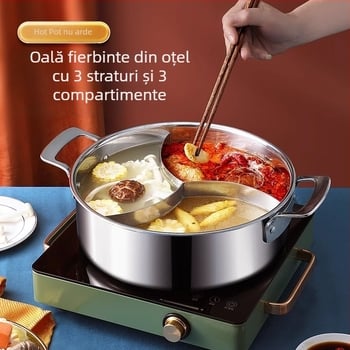 304 oțel inoxidabil, hot pot cu trei secțiuni și trei arome, corp extra gros, capacitate mare 6,1–10 litri, potrivit pentru plite variate, inclusiv inducție