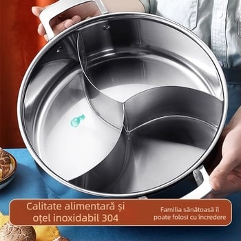 304 oțel inoxidabil, hot pot cu trei secțiuni și trei arome, corp extra gros, capacitate mare 6,1–10 litri, potrivit pentru plite variate, inclusiv inducție