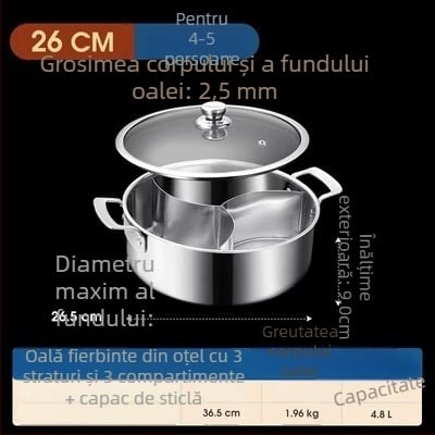 304 oțel inoxidabil, hot pot cu trei secțiuni și trei arome, corp extra gros, capacitate mare 6,1–10 litri, potrivit pentru plite variate, inclusiv inducție