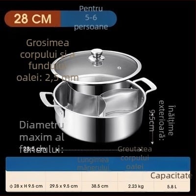 304 oțel inoxidabil, hot pot cu trei secțiuni și trei arome, corp extra gros, capacitate mare 6,1–10 litri, potrivit pentru plite variate, inclusiv inducție