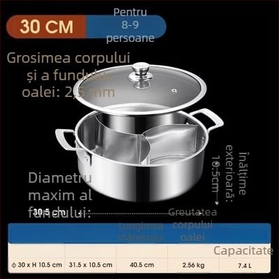 304 oțel inoxidabil, hot pot cu trei secțiuni și trei arome, corp extra gros, capacitate mare 6,1–10 litri, potrivit pentru plite variate, inclusiv inducție