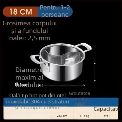 304 oțel inoxidabil, hot pot cu trei secțiuni și trei arome, corp extra gros, capacitate mare 6,1–10 litri, potrivit pentru plite variate, inclusiv inducție
