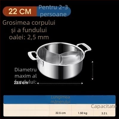 304 oțel inoxidabil, hot pot cu trei secțiuni și trei arome, corp extra gros, capacitate mare 6,1–10 litri, potrivit pentru plite variate, inclusiv inducție