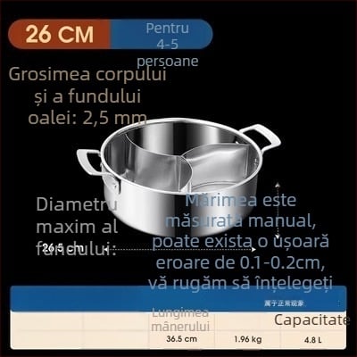 304 oțel inoxidabil, hot pot cu trei secțiuni și trei arome, corp extra gros, capacitate mare 6,1–10 litri, potrivit pentru plite variate, inclusiv inducție