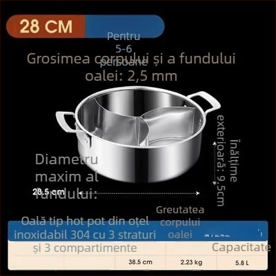 304 oțel inoxidabil, hot pot cu trei secțiuni și trei arome, corp extra gros, capacitate mare 6,1–10 litri, potrivit pentru plite variate, inclusiv inducție