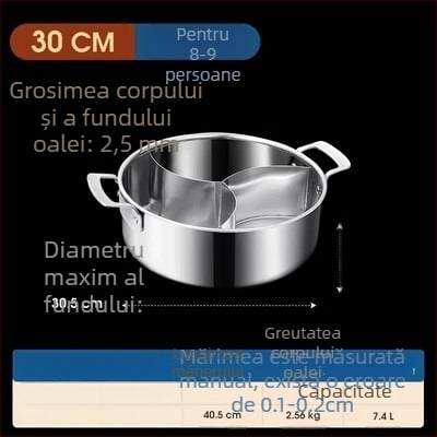 304 oțel inoxidabil, hot pot cu trei secțiuni și trei arome, corp extra gros, capacitate mare 6,1–10 litri, potrivit pentru plite variate, inclusiv inducție