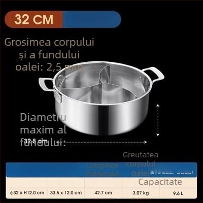 304 oțel inoxidabil, hot pot cu trei secțiuni și trei arome, corp extra gros, capacitate mare 6,1–10 litri, potrivit pentru plite variate, inclusiv inducție