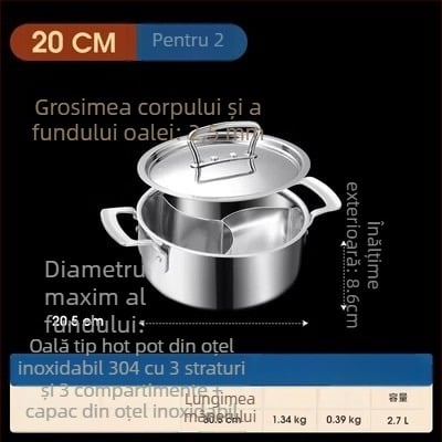 304 oțel inoxidabil, hot pot cu trei secțiuni și trei arome, corp extra gros, capacitate mare 6,1–10 litri, potrivit pentru plite variate, inclusiv inducție